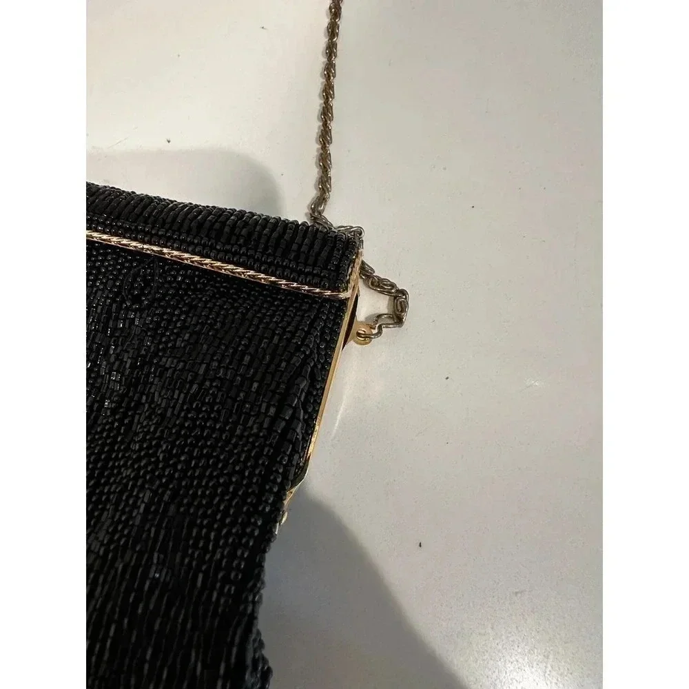 Vintage Women's Rectangle Shape Black Beaded Handbag Purse
